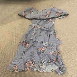 Small floral printed off shoulder ruffle belted spring summer mini dress